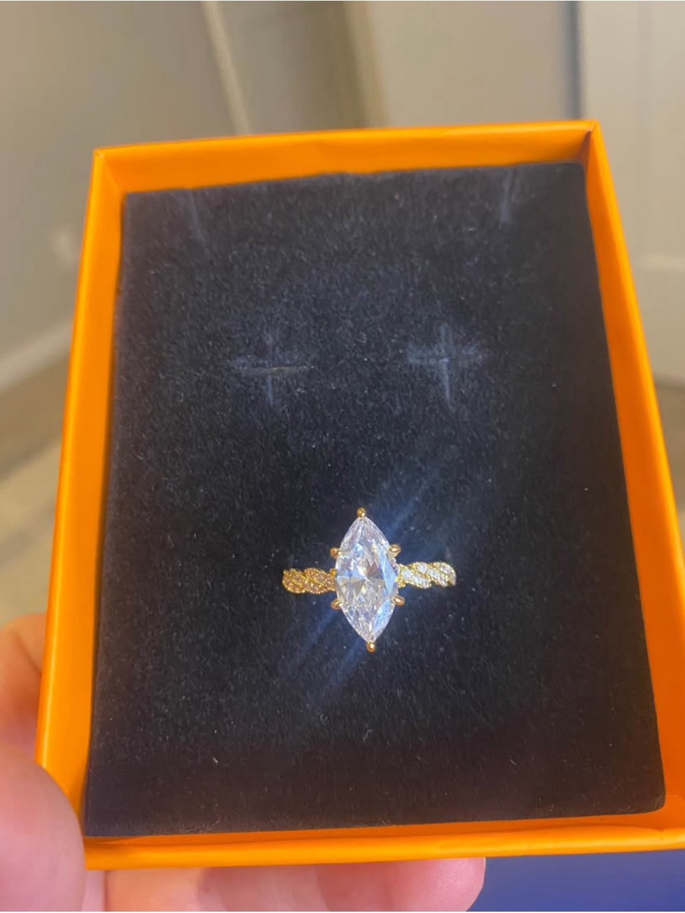 Gold Marquise Moissanite Ring - Sparkling Clear Stone